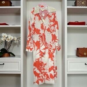 Figue Front Button Midi Floral Dress Front Tie Beaded Coral Size 12 Office Party